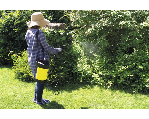 Femeie folosește pulverizator de grădină pentru îngrijirea plantelor