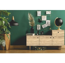 Colț decorativ de locuit cu comodă, plantă de interior și accesorii în fața unui perete verde