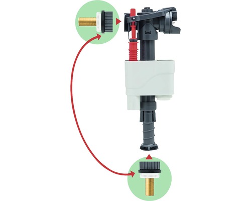 Robinet flotor pentru rezervorul de toaletă cu prezentare schematică a montajului