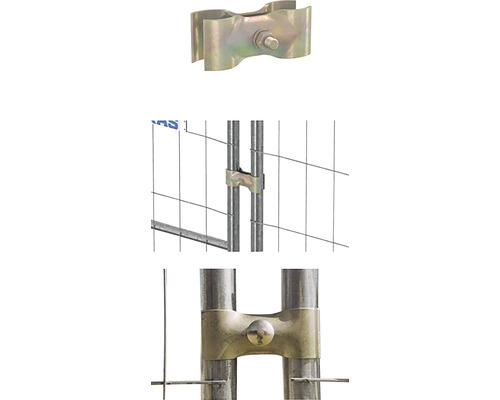 Conector gard cu plasă sudată dublă pentru fixarea stâlpului de gard