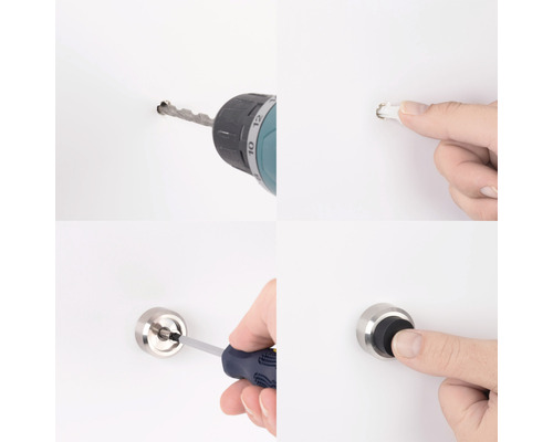Imaginile arată montarea unui opritor de ușă pe un perete cu o mașină de găurit și o șurubelniță.