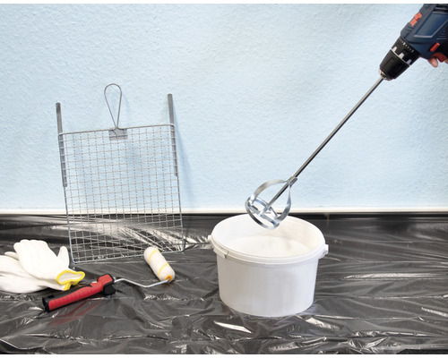 Accesoriu pentru amestecarea vopselei pe mașina de găurit deasupra găleții de vopsea cu trafalet, grilaj de ștergere și mănuși