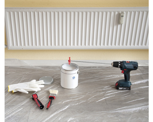 Unelte și accesorii pentru vopsit: vopsea, amestecător de vopsea, burghiu, pensulă, trafalet și mănuși de protecție