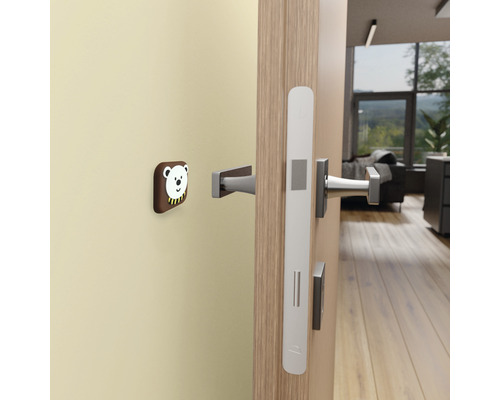 Ușă deschisă cu mâner și opritor de perete cu motiv ursuleț