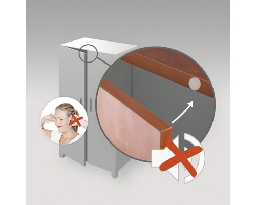 Ilustrație a unui dulap cu amortizor de ușă pentru reducerea zgomotului