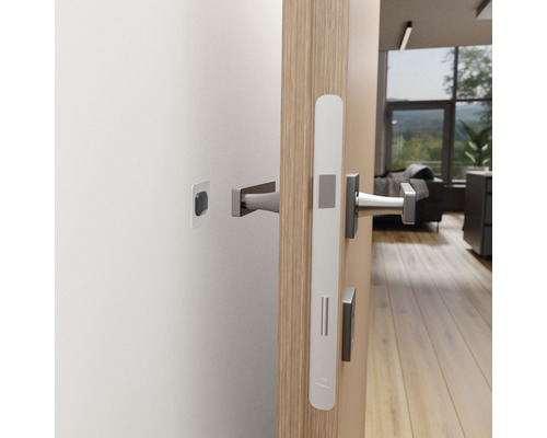 Ușă cu clanță și placă de închidere într-o cameră de zi.