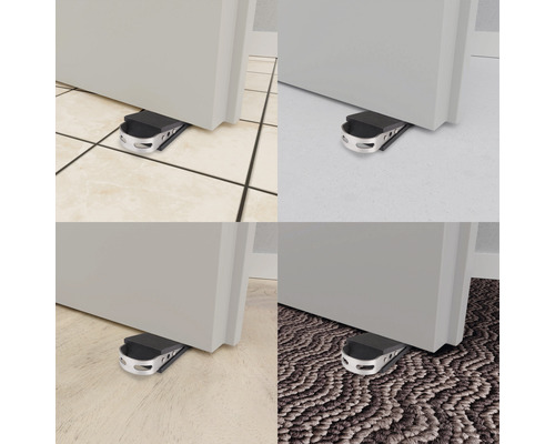 Patru vederi ale unui opritor de ușă sub o ușă pe gresie, mochetă, laminat și o altă acoperire de podea