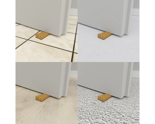 Colaj cu opritor de ușă din lemn sub diverse uși pe diferite pardoseli