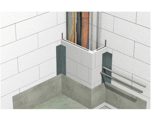 Reprezentarea unui zid de colț cu zidărie și țevi