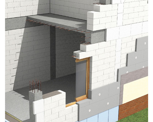 Ilustrație a metodei de construcție cu cărămizi, beton armat și izolație termică