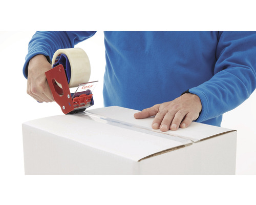 Cutia de carton este închisă cu un derulator manual Tesa.