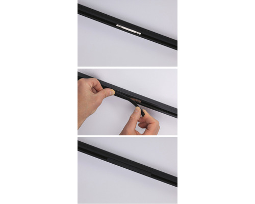 Trei vederi ale unei șine de alimentare negre, dintre care una arată instalarea unui capac.