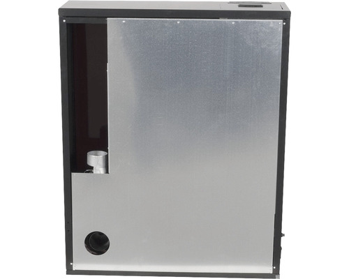 Vedere din spate a unui arzător pe peleți cu placă metalică.