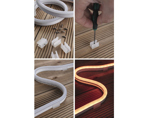 Montaj furtun LED cu cleme de fixare și șuruburi pe suport de lemn