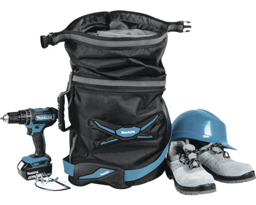 Rucsac de scule Makita cu șurubelniță cu acumulator, ochelari de protecție, pantofi de siguranță și cască de protecție