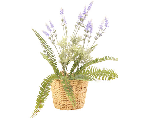 Plantă artificială decorativă cu lavandă și ferigă într-un coș împletit