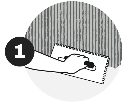 Ilustrație a unei mâini care aplică adeziv pe un perete cu o spatulă pentru a aplica tapet, pasul 1