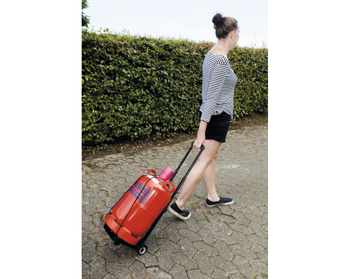 Femeie transportând o butelie de gaz roșie pe un cărucior