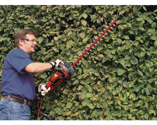 Un bărbat tunde un gard viu cu un trimmer de gard viu