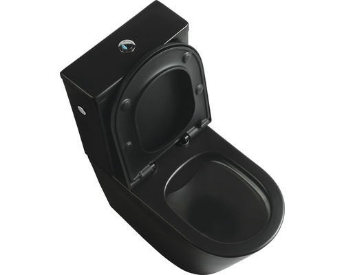 Vas WC ceramic negru cu rezervor și capac WC deschis