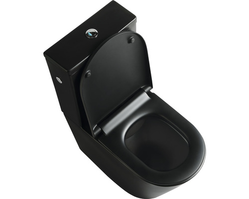 Toaletă neagră cu bazin și capac deschis