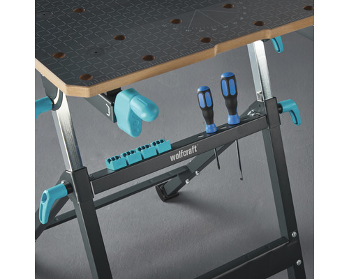 Banc de lucru Wolfcraft cu suport pentru scule și manetă de strângere