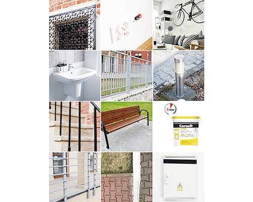 Prezentare generală a produselor pentru casă și grădină, cu grilaj de fereastră, chiuvetă, bancă și pavele