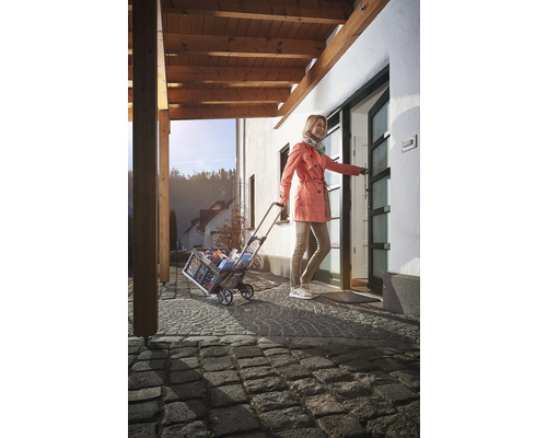 Femeie intrând într-o casă cu un cărucior de cumpărături