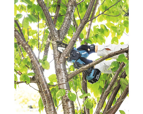 O persoană taie o ramură de copac cu un lanț de ferăstrău cu acumulator Makita.