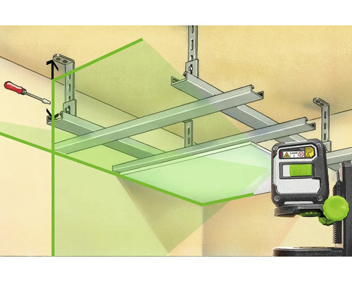 Ilustrație cu un tavan suspendat cu șurubelniță și laser
