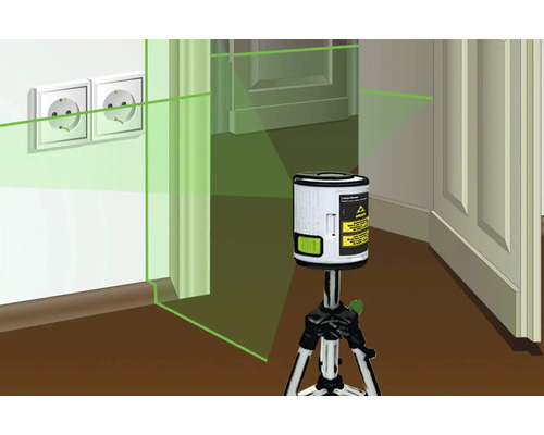 Cruce de linii laser pe un trepied, proiectând linii laser verzi pe pereți și tocuri de uși într-o cameră.