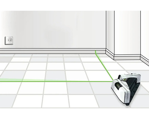 Imagine de cameră cu un laser liniar care proiectează linii laser verzi pe o suprafață placată cu gresie și un perete.