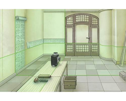 Scenă cu unelte, constând dintr-un laser cu linii încrucișate, o perie, un trafalet și o găleată