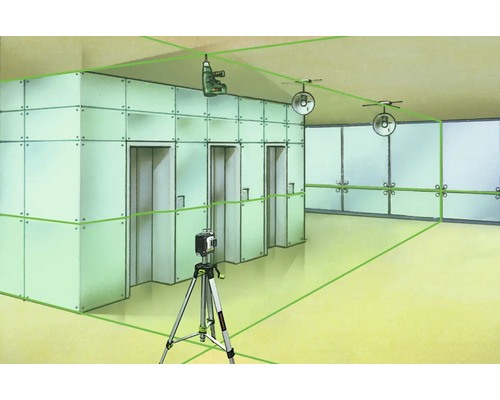 Ilustrație a unei scene interioare cu un laser cu linii pe un trepied, care proiectează linii laser verzi pentru a oferi un ajutor de aliniere orizontală și verticală.