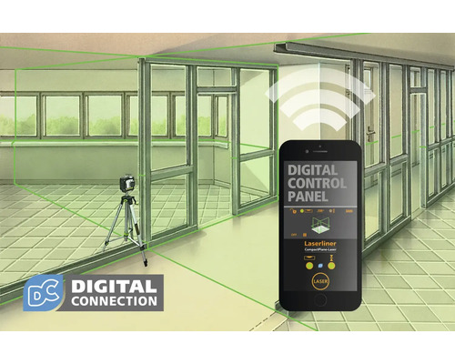 Cameră cu dispozitiv laser pe trepied, care proiectează linii verzi pe pereți, controlat printr-o aplicație de smartphone.