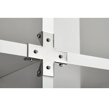 Imagine detaliată cu îmbinare raft, cu conector de colț și șuruburi.