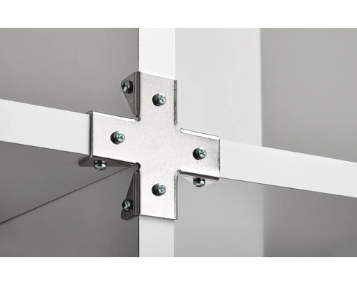 Imagine detaliată cu îmbinare raft, cu conector de colț și șuruburi.