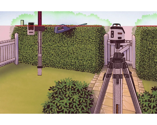 Ilustrație a unei scene de grădină cu echipamente de nivelare și garduri vii