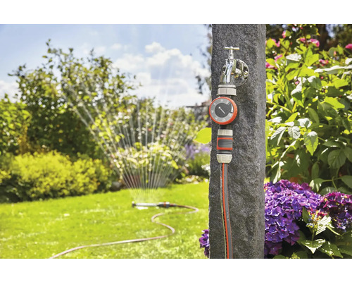 Sistem de irigare pentru grădină cu robinet de apă, ceas de irigare și furtun de grădină în grădină