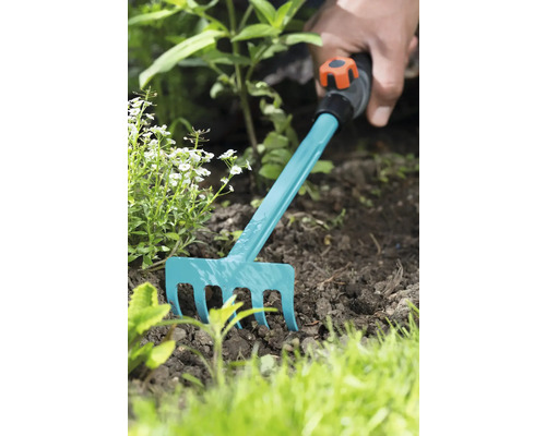 Grădinărit cu o greblă mică în grădină.