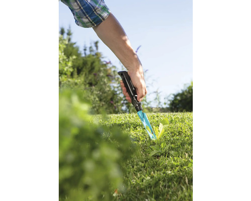 Scenă de grădină cu o mână care folosește un dispozitiv de scos buruieni în gazon