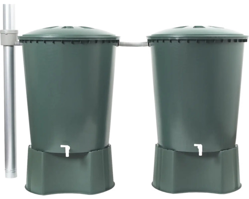 Două butoaie de ploaie conectate cu soclu și robinet de scurgere