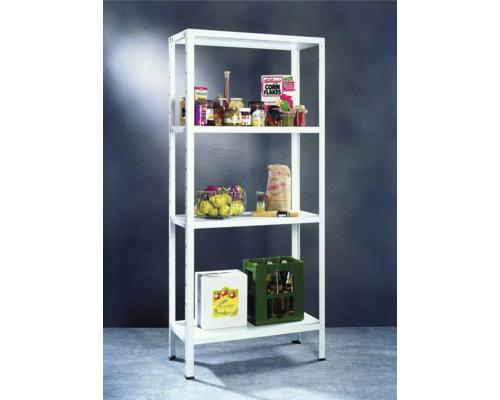 Raft metalic alb cu patru niveluri și diverse produse alimentare pentru depozitare