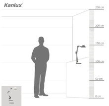 Indicații de dimensiuni pentru o lampă de birou cu braț articulat și soclu lângă o persoană pentru orientarea mărimii
