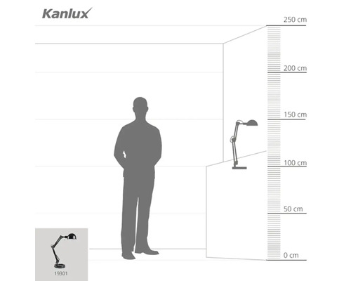 Ilustrație cu o lampă de birou cu dimensiuni și silueta umană pentru indicarea dimensiunii