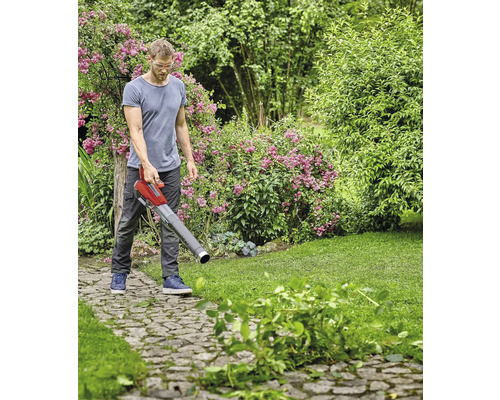 Un bărbat folosește o suflantă de frunze pentru grădinărit