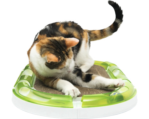 Pisică se scarpină pe o scândură de zgâriat cu o minge de jucărie