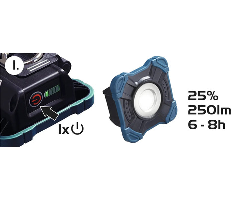 Lampă de lucru cu indicator de baterie, luminozitate de 25%, 250 lumeni și 6 până la 8 ore de funcționare