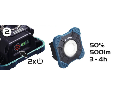 Lumină de lucru cu acumulator, cu indicator de nivel al bateriei, buton de pornire/oprire, flux luminos de 500 lumeni și o durată de iluminare de 3-4 ore la 50% luminozitate.