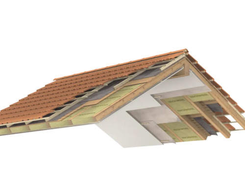 Structură de acoperiș cu țigle, căpriori din lemn și izolație termică